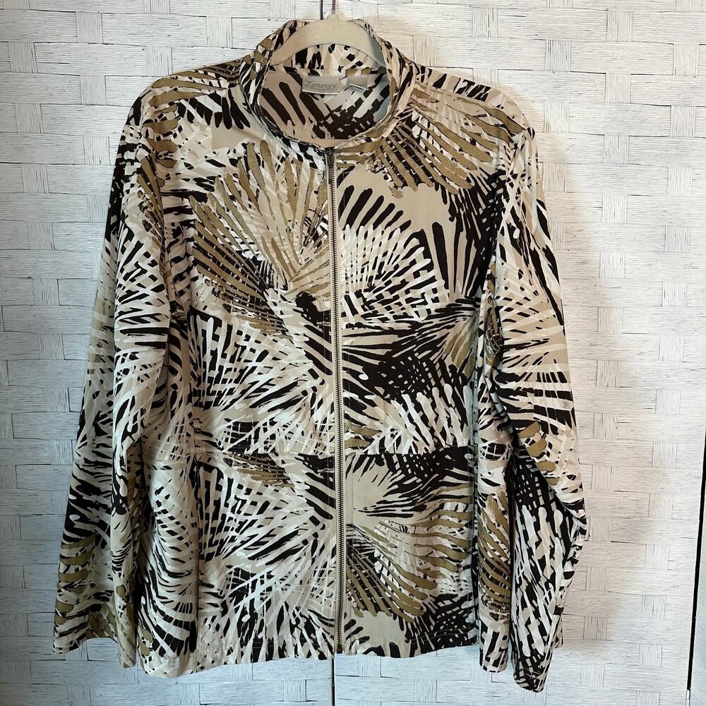 Chico’s women’s lightweight Jacket tropical print brown tan gold coastal grandma